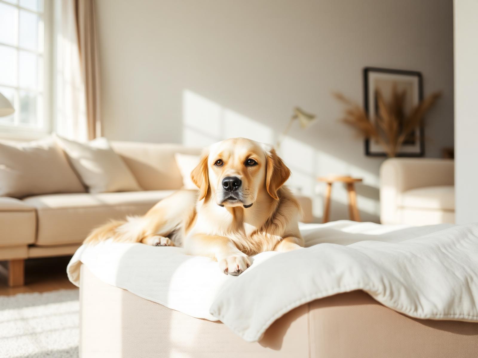 Golden retriever resting in a sunlit living room